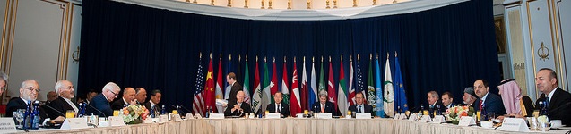 Secretary of State John Kerry hosts the International Syria Support Group meeting with foreign ministers from 17 countries, including Russia, Iran, Saudi Arabia, and Turkey, as well as top envoys from the United Nations, Arab League, and European Union in New York City on Dec. 18, 2015